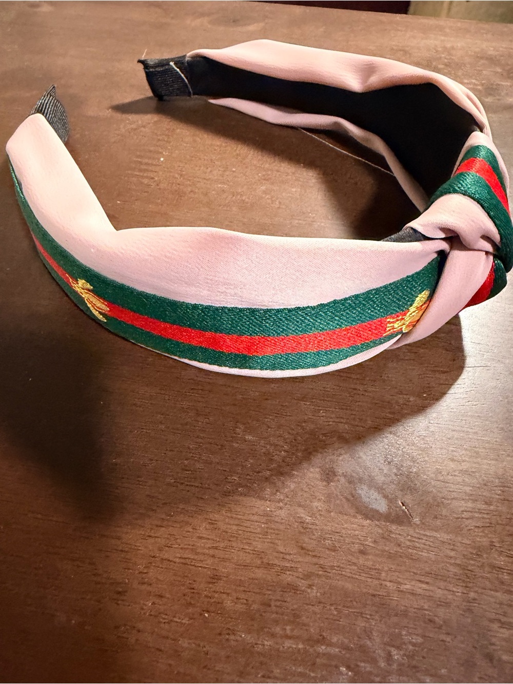 Pink Knotted Women's Headband with Green and Red Stripe Detail